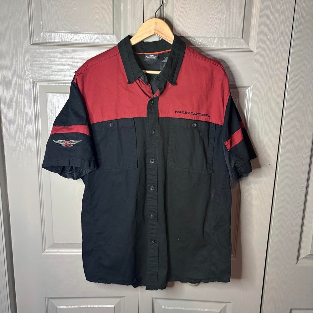 Harley Davidson Mens XL Black Red Colorblock Button Up Short Sleeve Biker Shirt